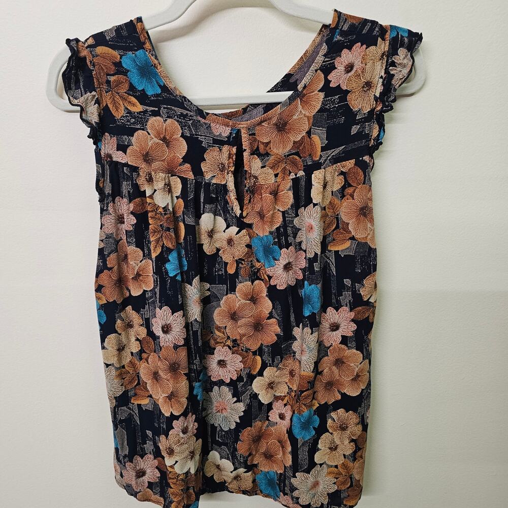Whimsical Navy Brown Boho Floral Crinkle Ruffle Sleeveless Top Size XL 20" PTP - Picture 6 of 6